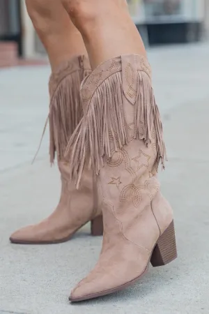 Fancy Suede Warm Taupe Fringe and Stars Boots