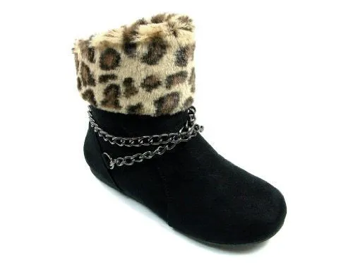 Girls Chain Design Faux Leopard Fur Ankle High Suede Boots