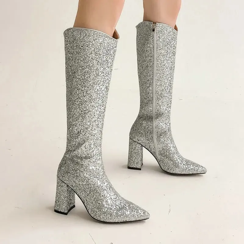 Glitter Bling Party Wedding Pointed Toe Boots Zip Up Block High Heels