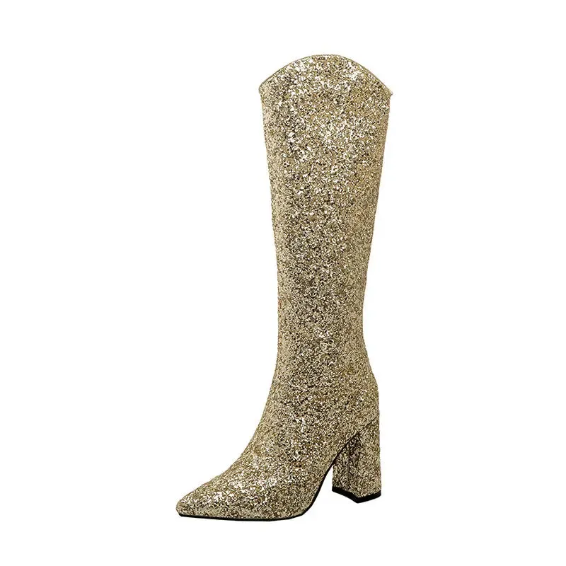 Glitter Bling Party Wedding Pointed Toe Boots Zip Up Block High Heels