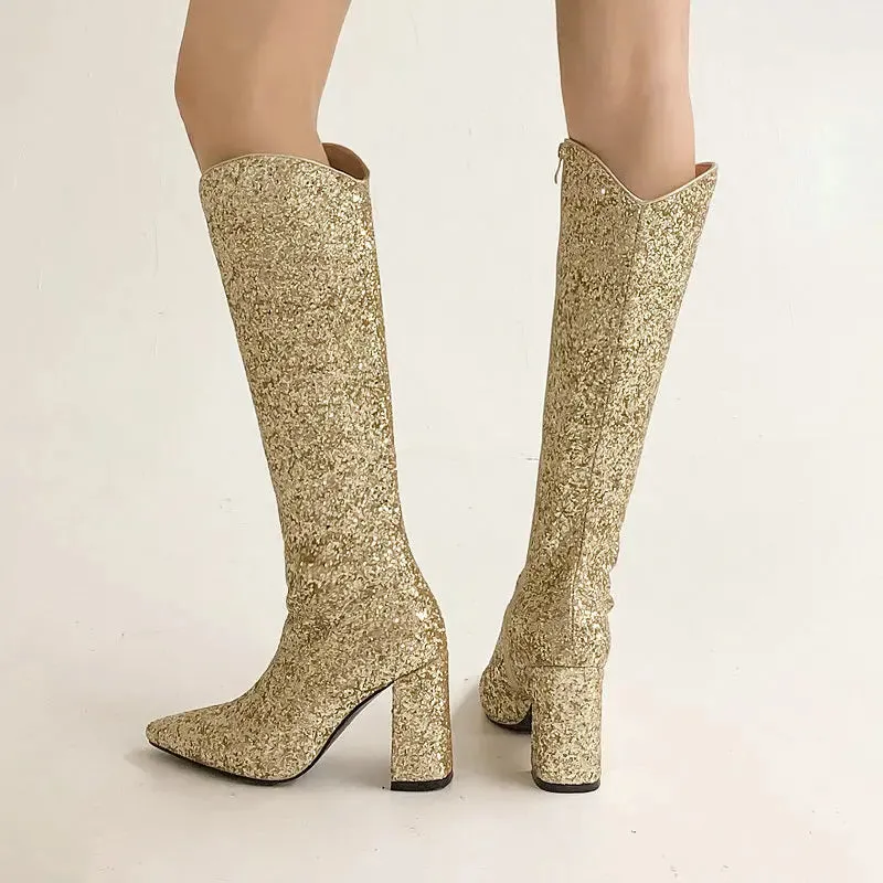 Glitter Bling Party Wedding Pointed Toe Boots Zip Up Block High Heels