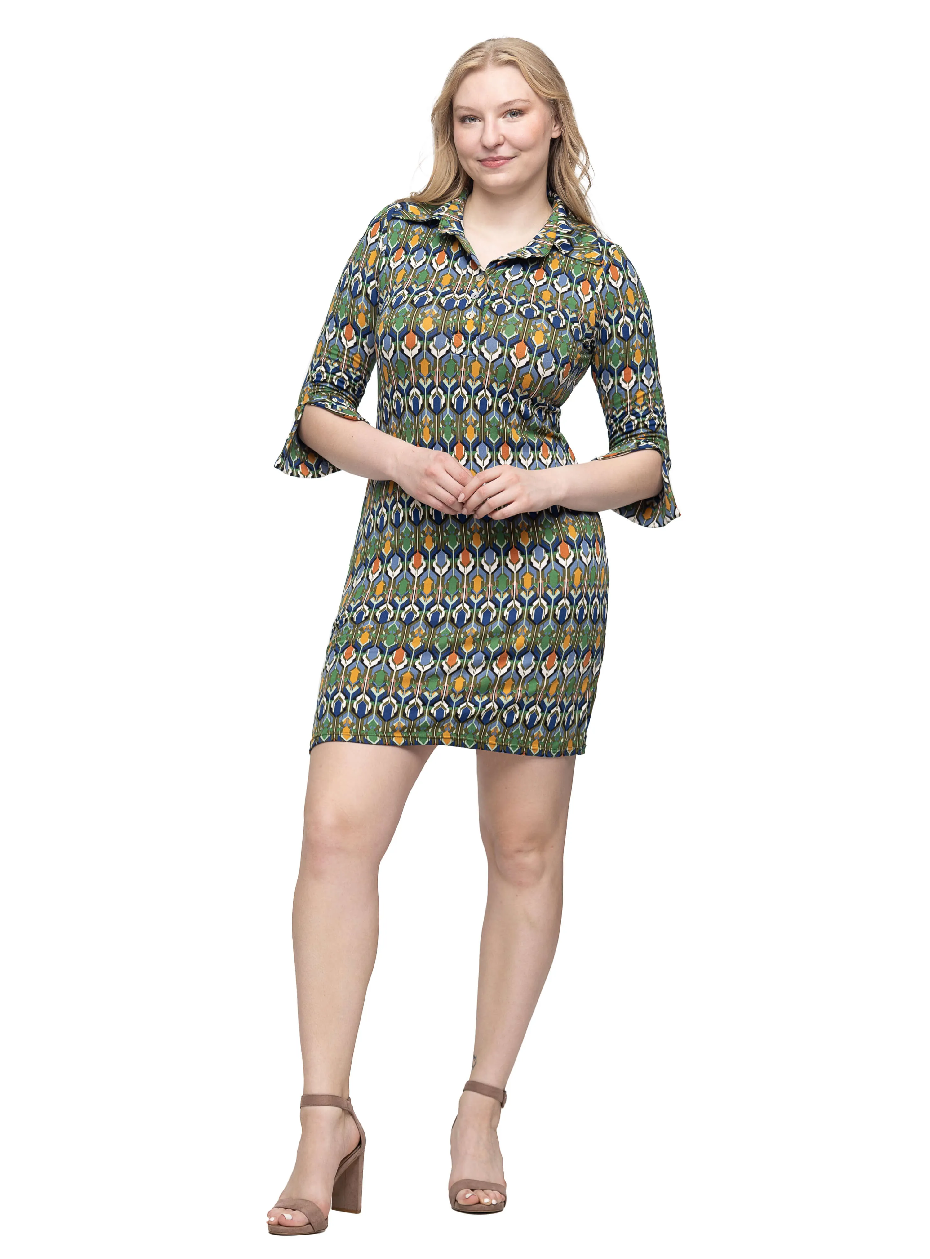 Green Geometric Print Three Quarter Sleeve Collar Mini Dress