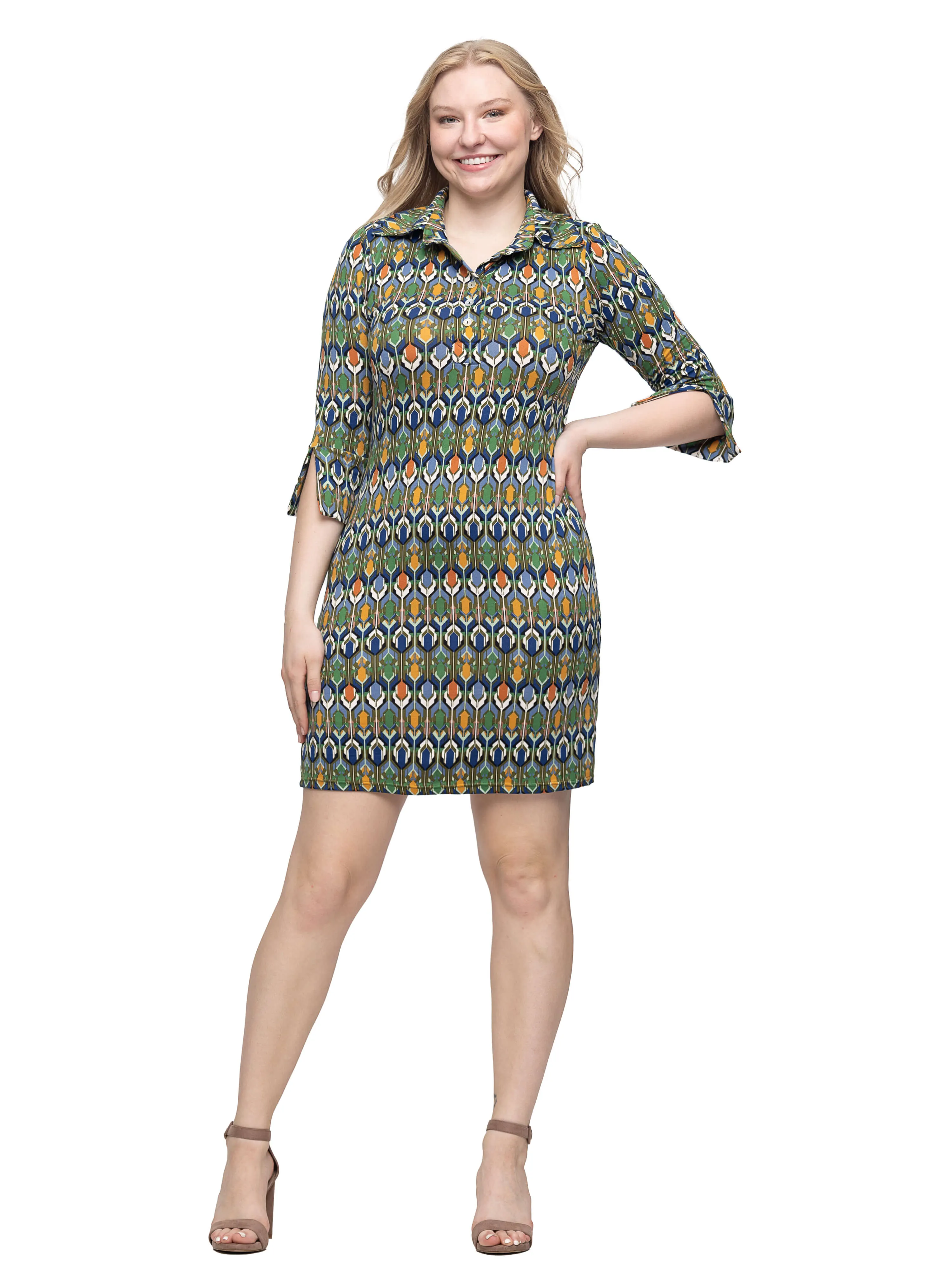 Green Geometric Print Three Quarter Sleeve Collar Mini Dress