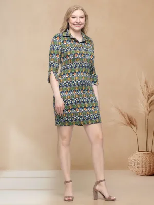 Green Geometric Print Three Quarter Sleeve Collar Mini Dress