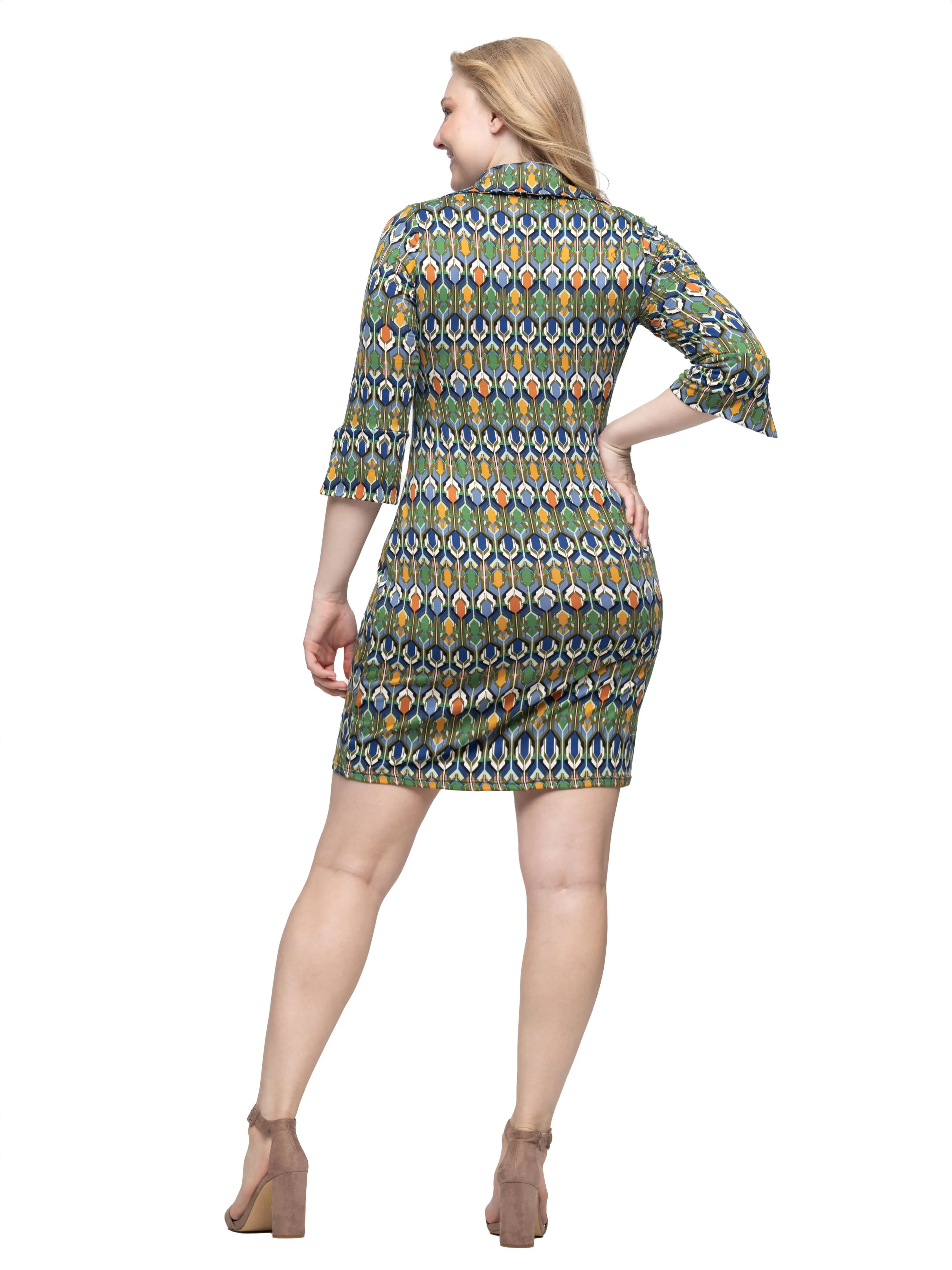 Green Geometric Print Three Quarter Sleeve Collar Mini Dress