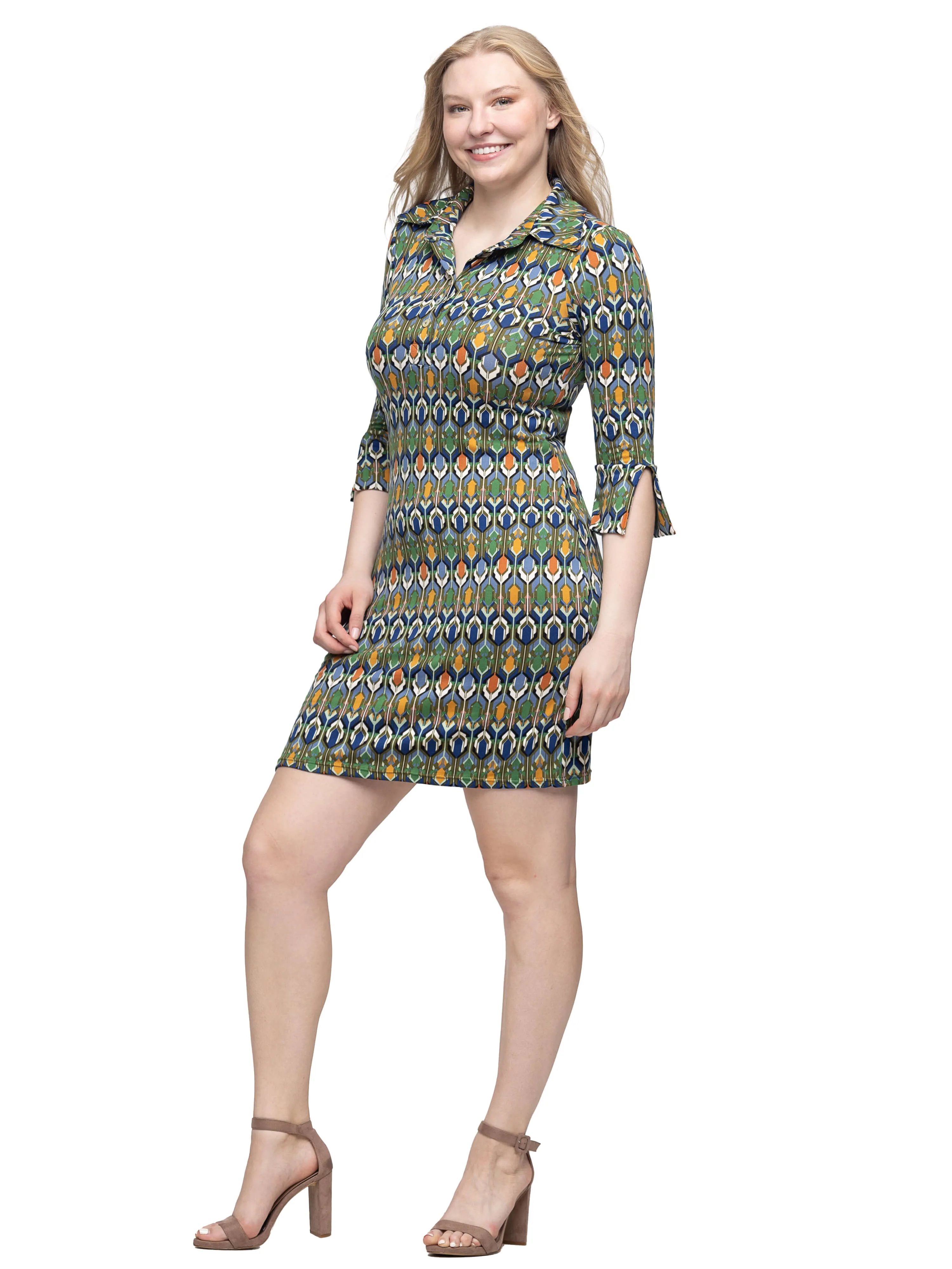 Green Geometric Print Three Quarter Sleeve Collar Mini Dress