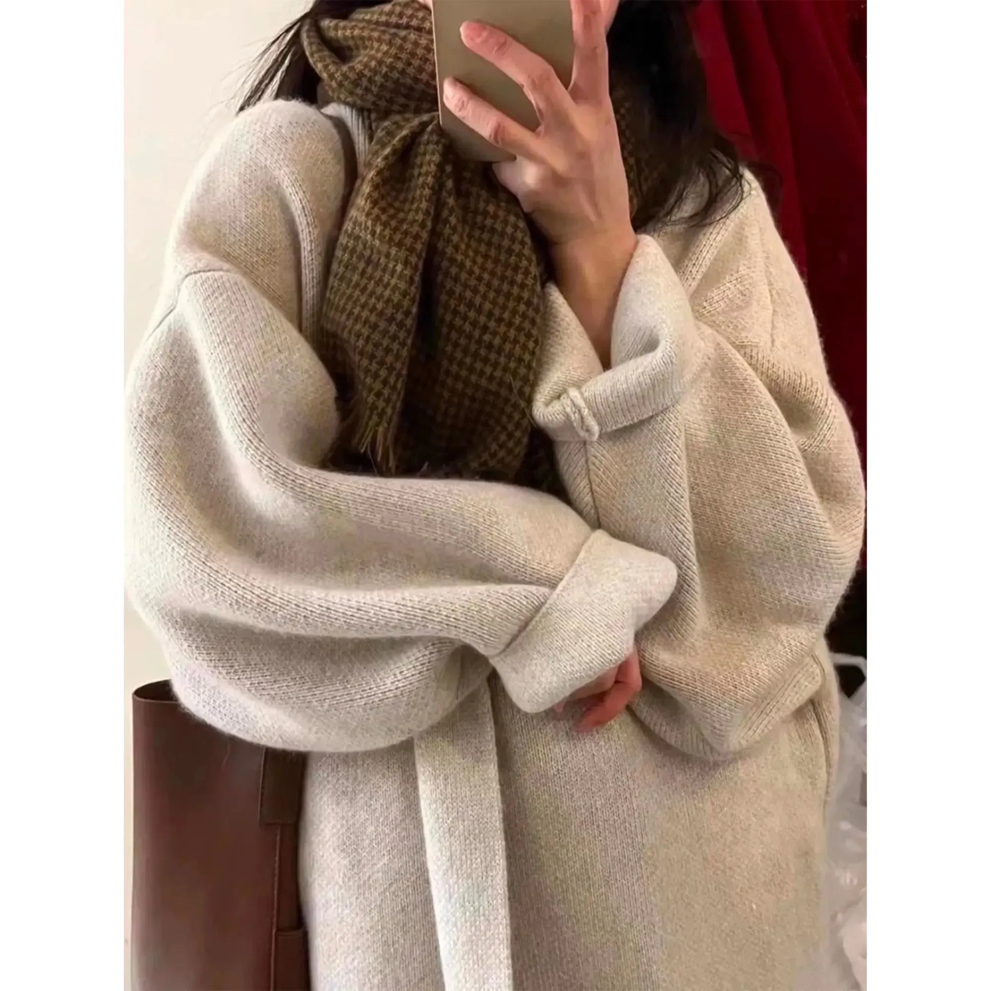 Khaki Knitted Long Cardigan Coat