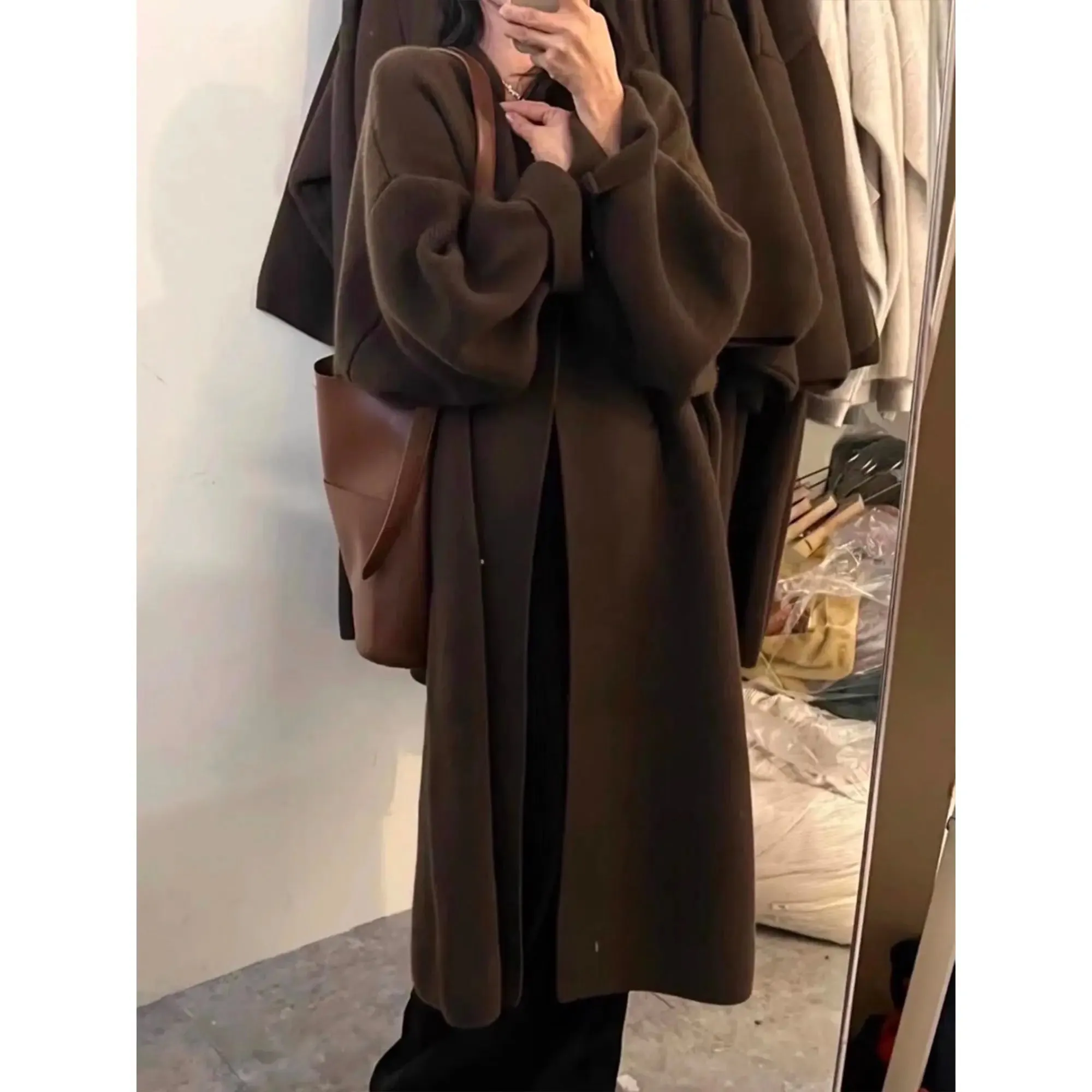 Khaki Knitted Long Cardigan Coat