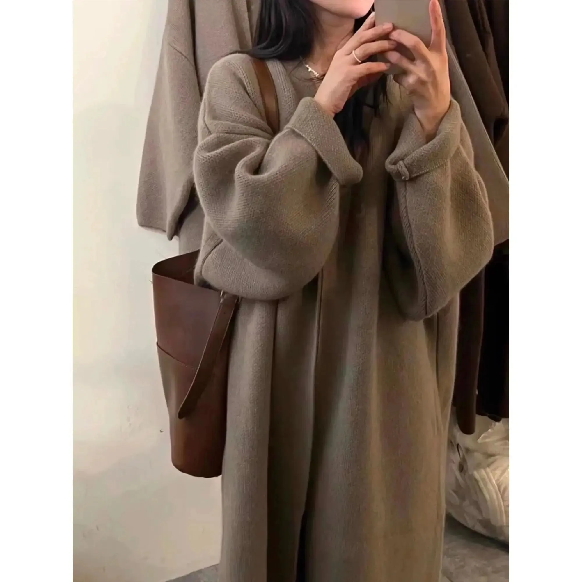 Khaki Knitted Long Cardigan Coat