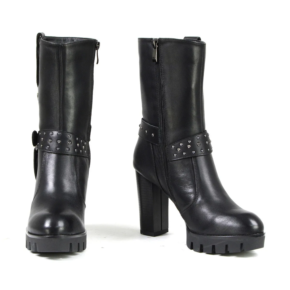 Milwaukee Leather MBL9303 Women's Black Leather Harness Boots with Block Heel