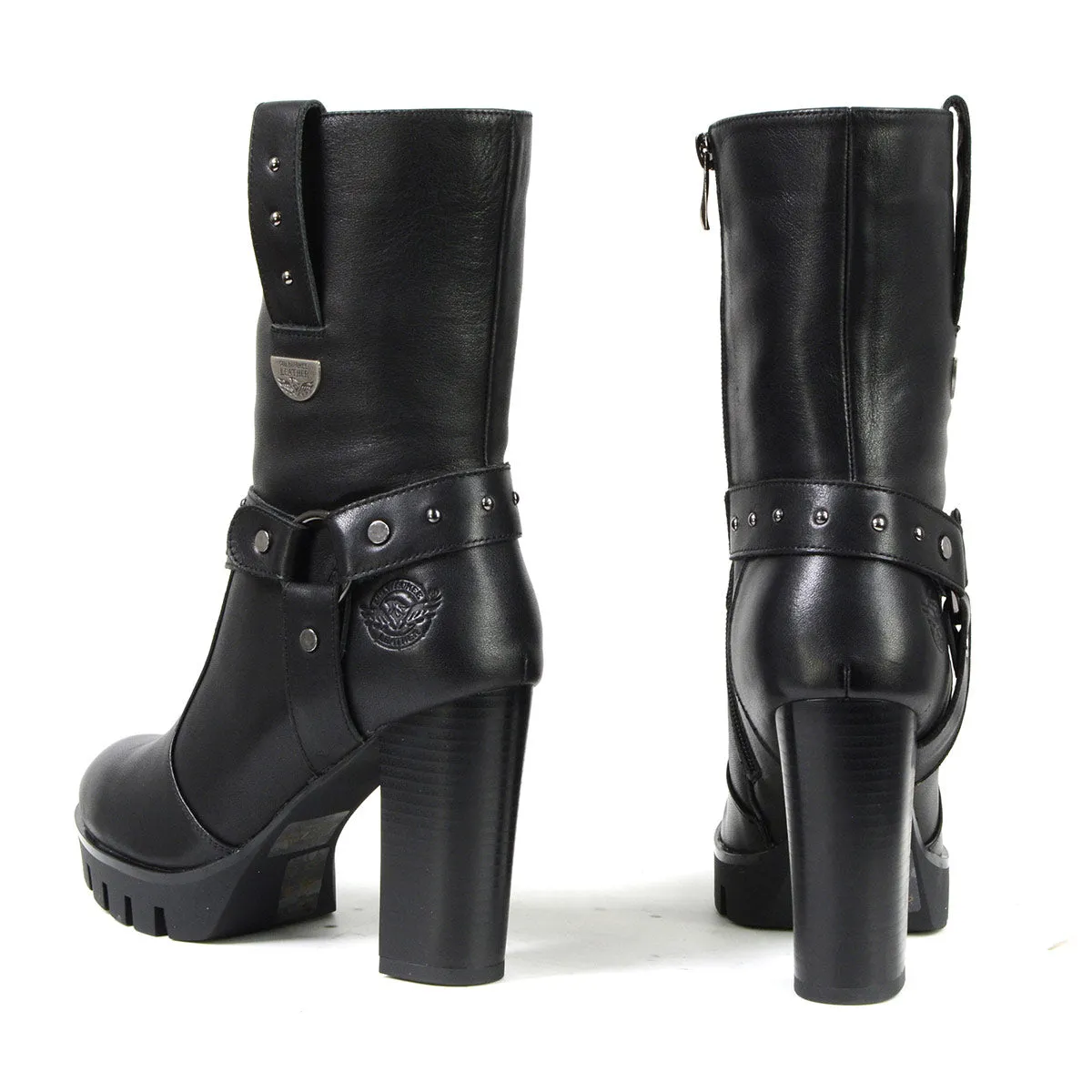 Milwaukee Leather MBL9303 Women's Black Leather Harness Boots with Block Heel