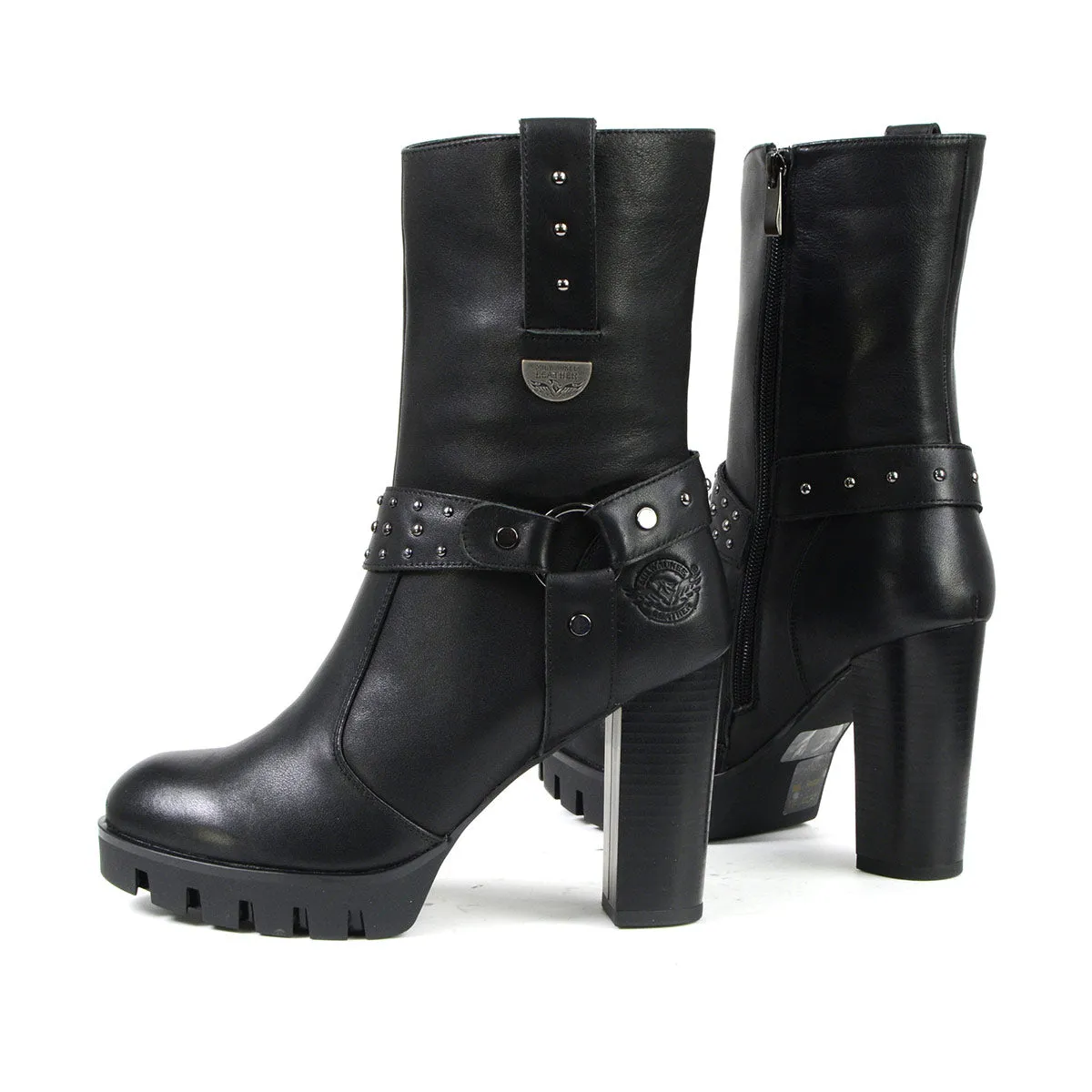 Milwaukee Leather MBL9303 Women's Black Leather Harness Boots with Block Heel