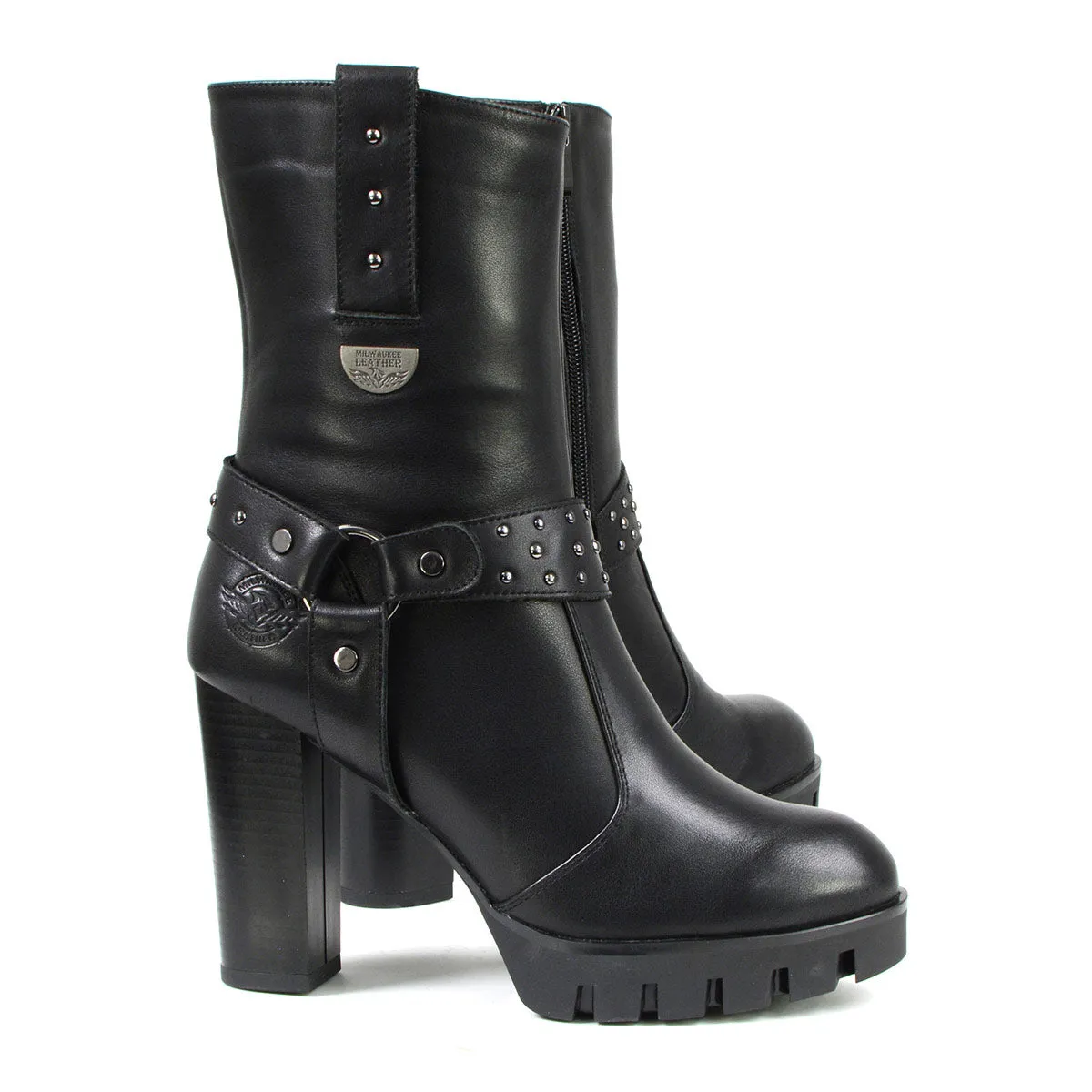 Milwaukee Leather MBL9303 Women's Black Leather Harness Boots with Block Heel