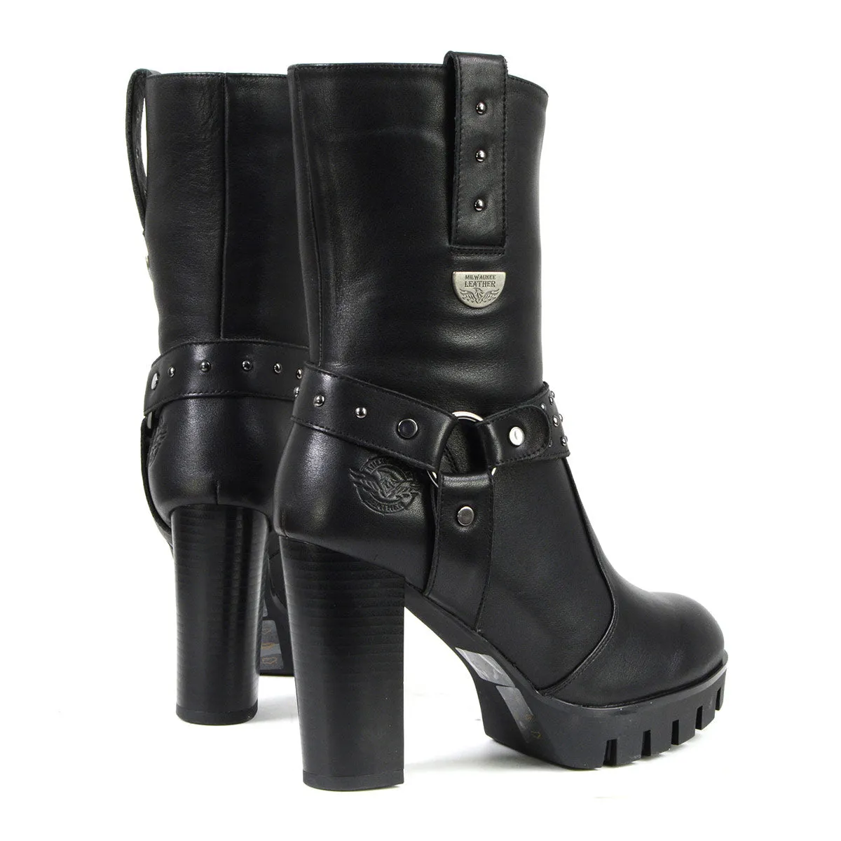 Milwaukee Leather MBL9303 Women's Black Leather Harness Boots with Block Heel