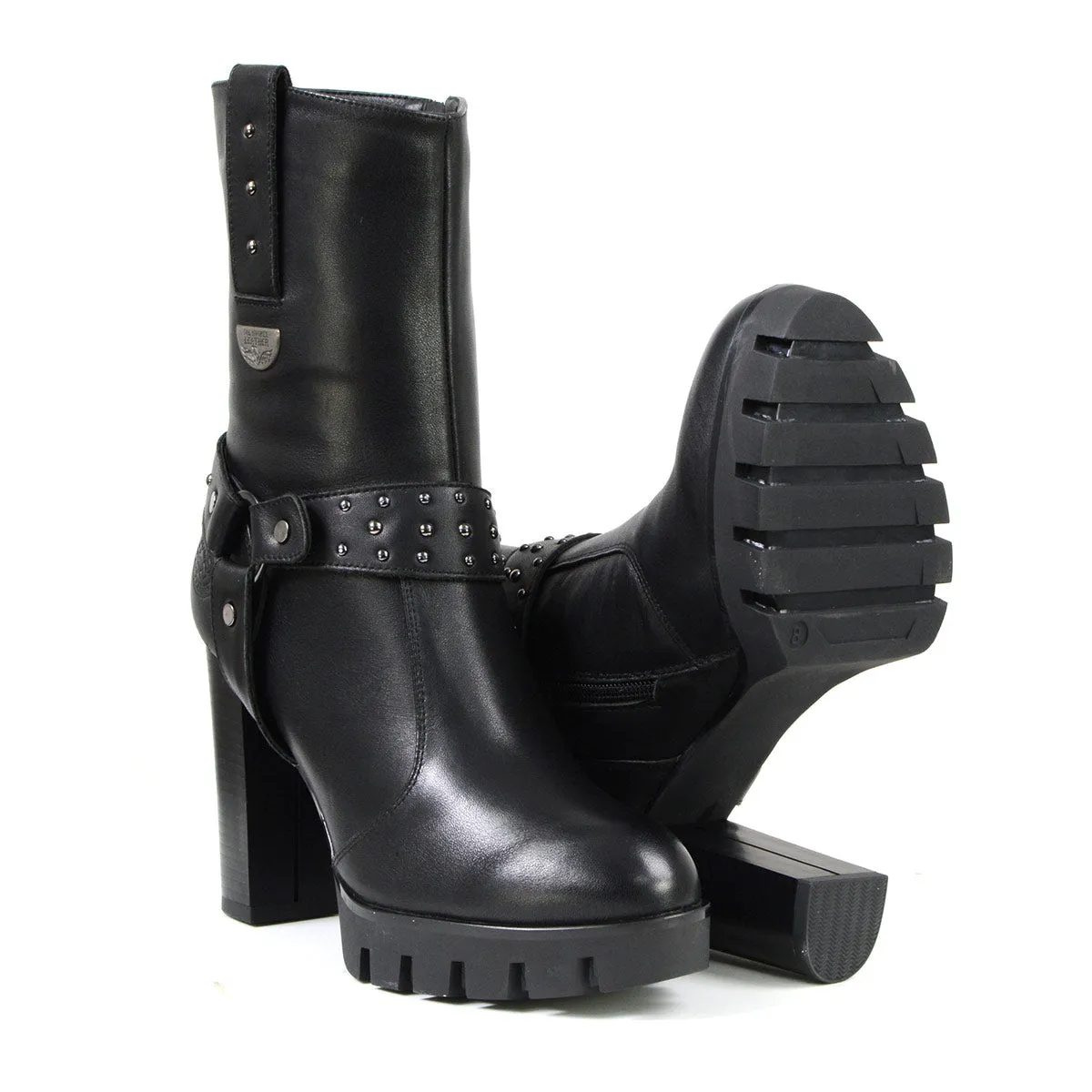 Milwaukee Leather MBL9303 Women's Black Leather Harness Boots with Block Heel