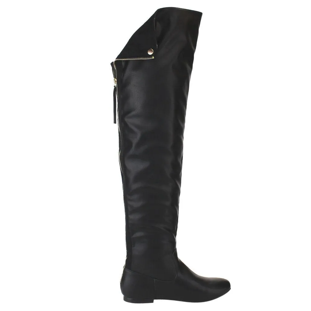 NATURE BREEZE FE61 Women Snap Cuff Over The Knee Flat Heel Boots