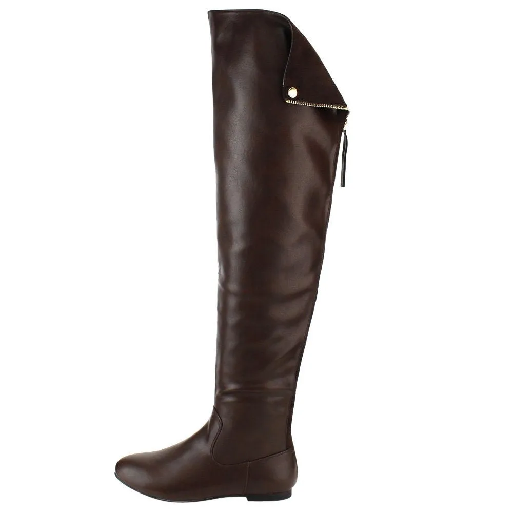 NATURE BREEZE FE61 Women Snap Cuff Over The Knee Flat Heel Boots