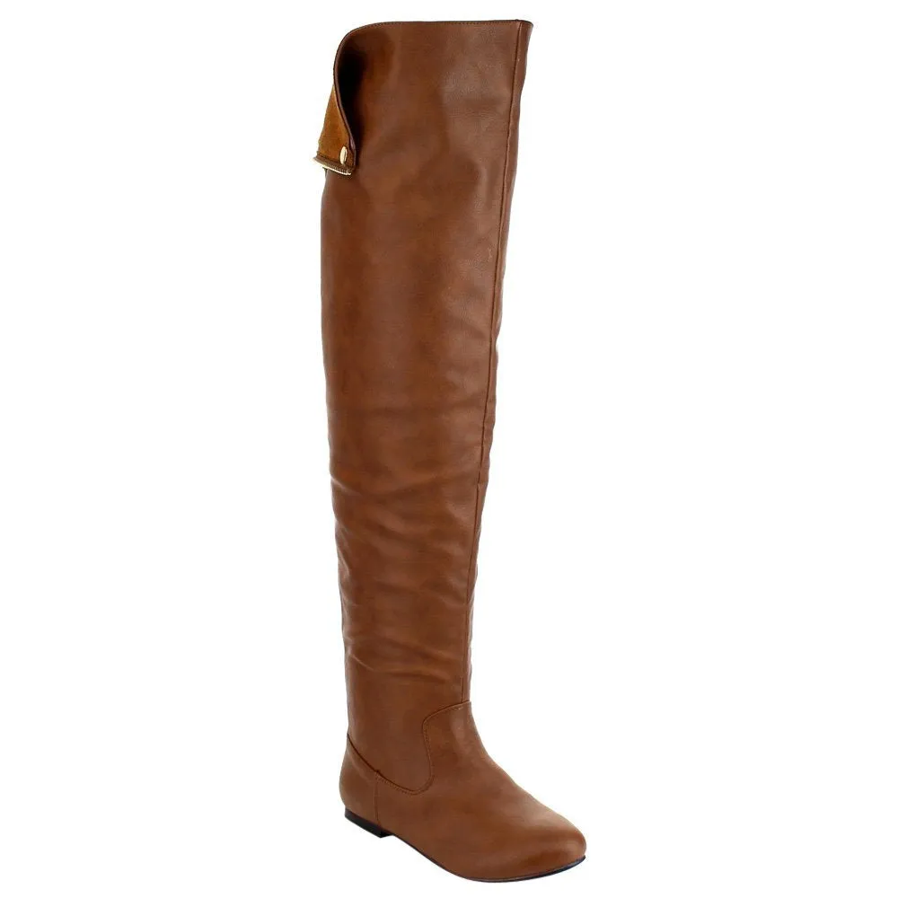 NATURE BREEZE FE61 Women Snap Cuff Over The Knee Flat Heel Boots