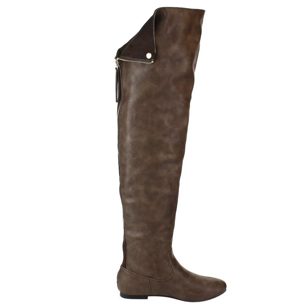 NATURE BREEZE FE61 Women Snap Cuff Over The Knee Flat Heel Boots