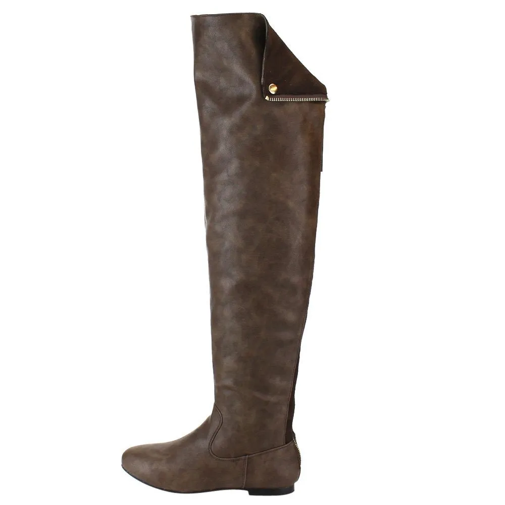 NATURE BREEZE FE61 Women Snap Cuff Over The Knee Flat Heel Boots