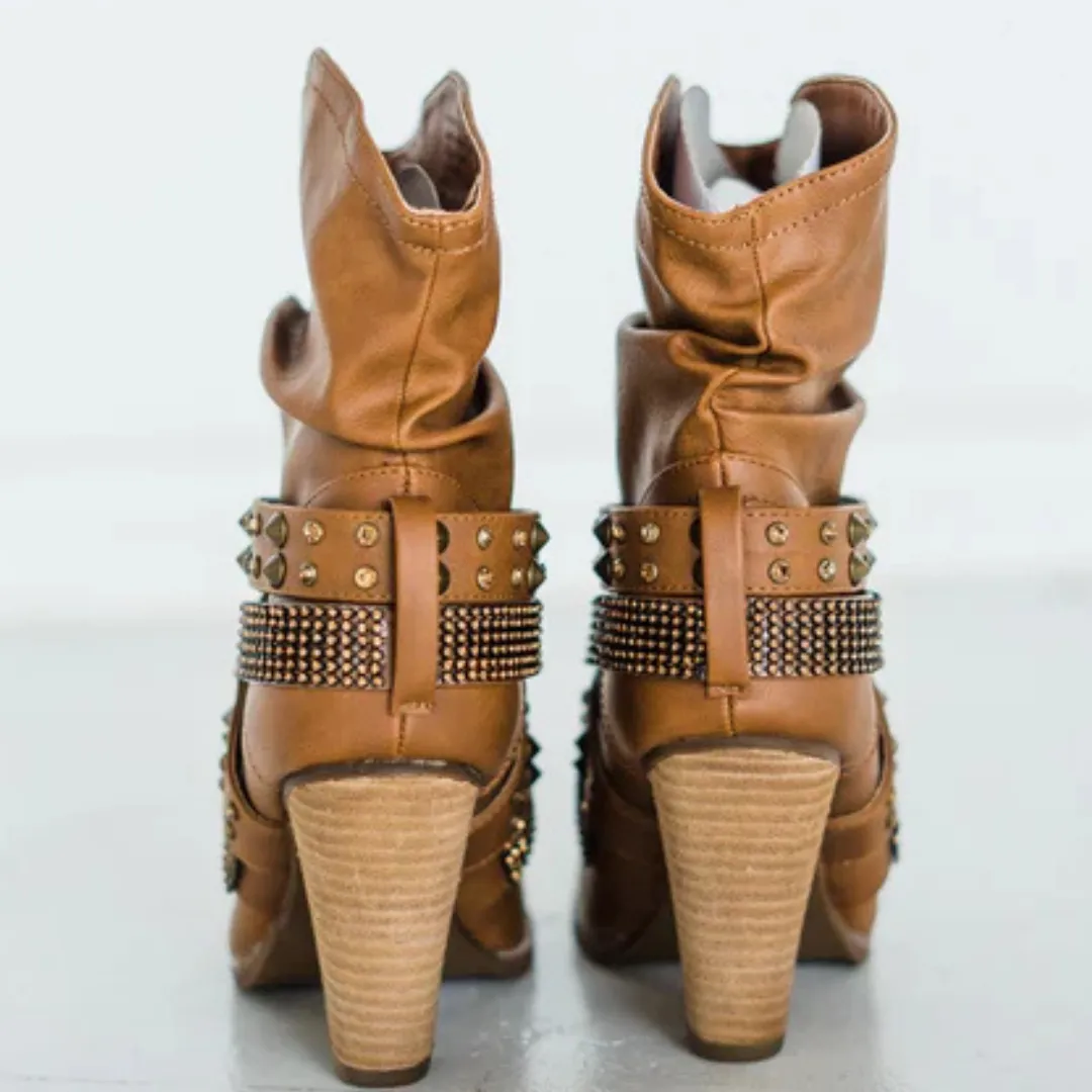 Online Exclusive | Short Change Studded Crisscross Strap Booties in Tan