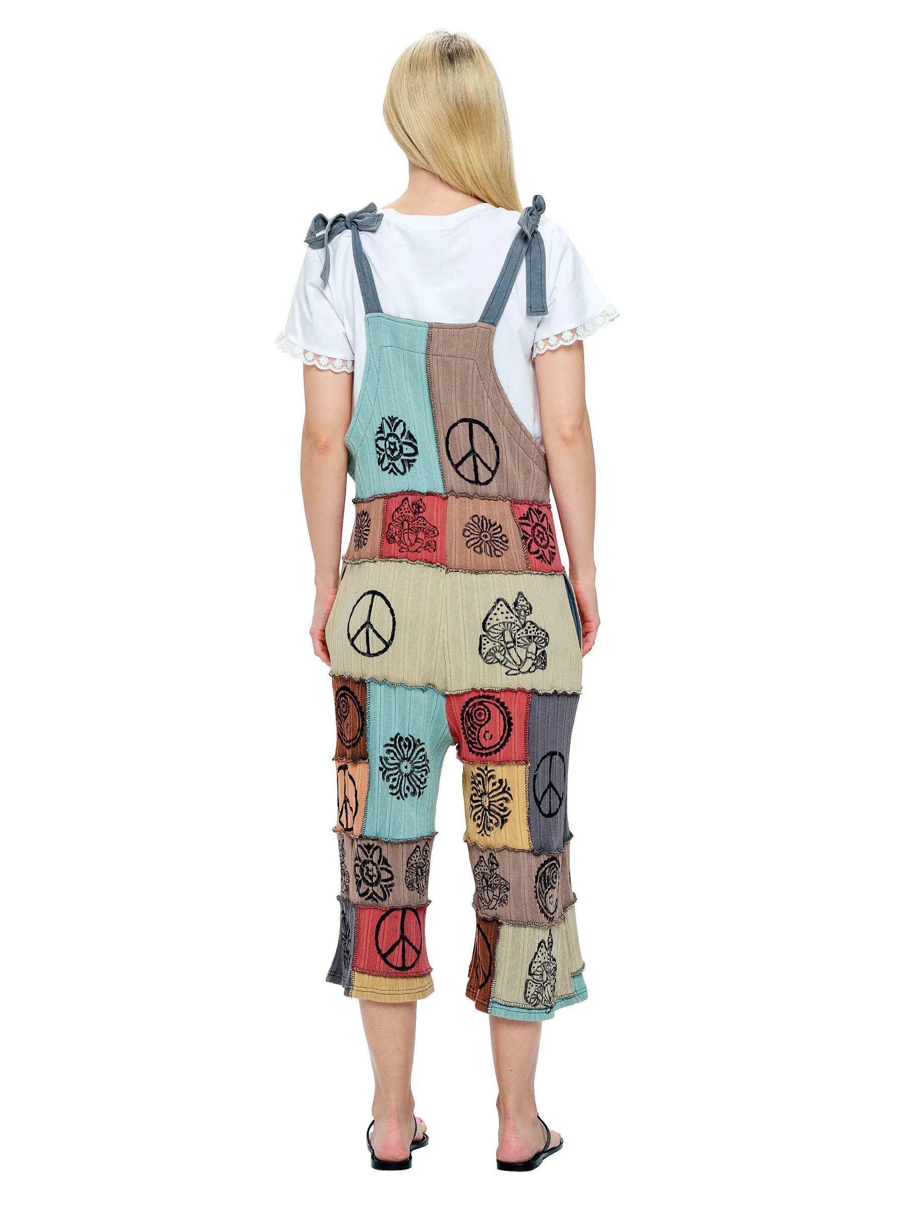 Overall Boho Jumpsuit Patchwork Art Handprinted Midi