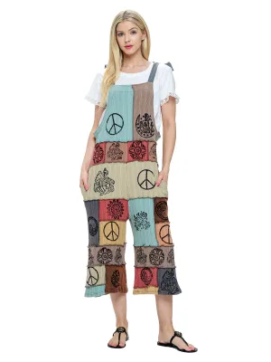 Overall Boho Jumpsuit Patchwork Art Handprinted Midi