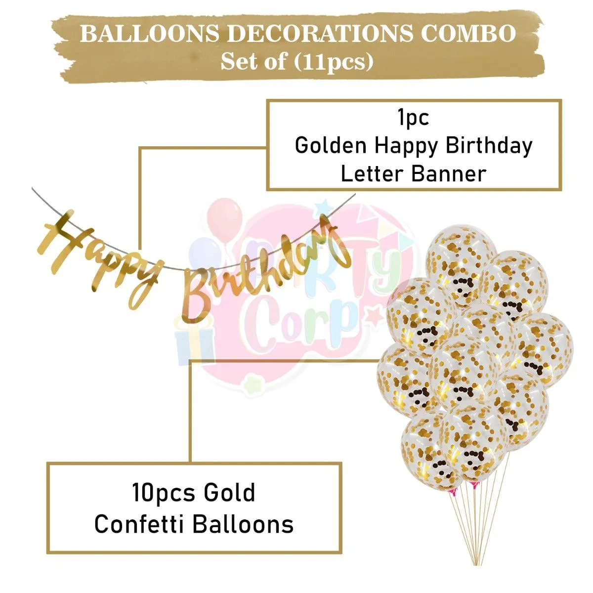 PartyCorp Happy Birthday Decoration Kit Combo 11 Pcs - Gold Confetti Balloon, Gold Happy Birthday Alphabets Cut Out Banner