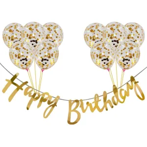 PartyCorp Happy Birthday Decoration Kit Combo 11 Pcs - Gold Confetti Balloon, Gold Happy Birthday Alphabets Cut Out Banner