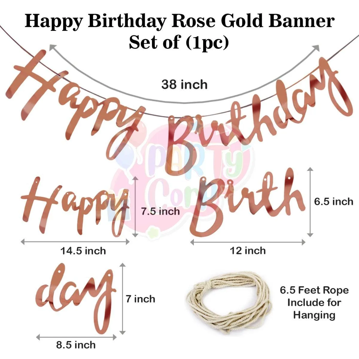 PartyCorp Happy Birthday Decoration Kit Combo 11 Pcs - Rose Gold Confetti Balloon, Rose Gold Happy birthday Alphabets Cut Out Banner