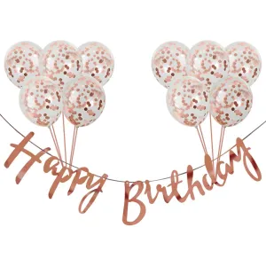 PartyCorp Happy Birthday Decoration Kit Combo 11 Pcs - Rose Gold Confetti Balloon, Rose Gold Happy birthday Alphabets Cut Out Banner