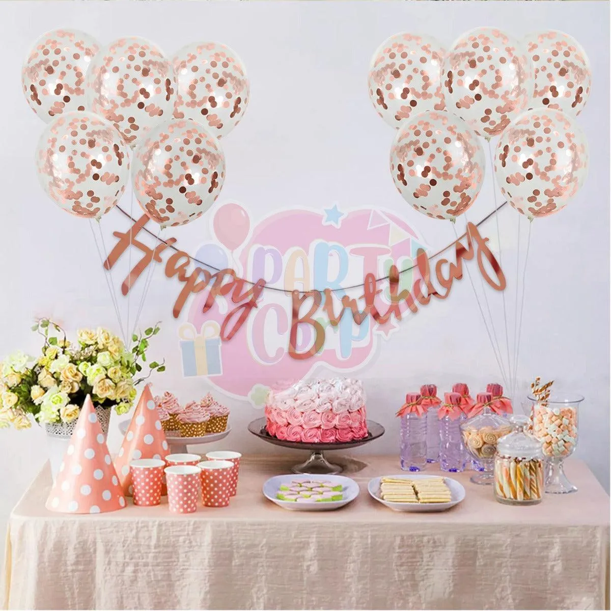 PartyCorp Happy Birthday Decoration Kit Combo 11 Pcs - Rose Gold Confetti Balloon, Rose Gold Happy birthday Alphabets Cut Out Banner