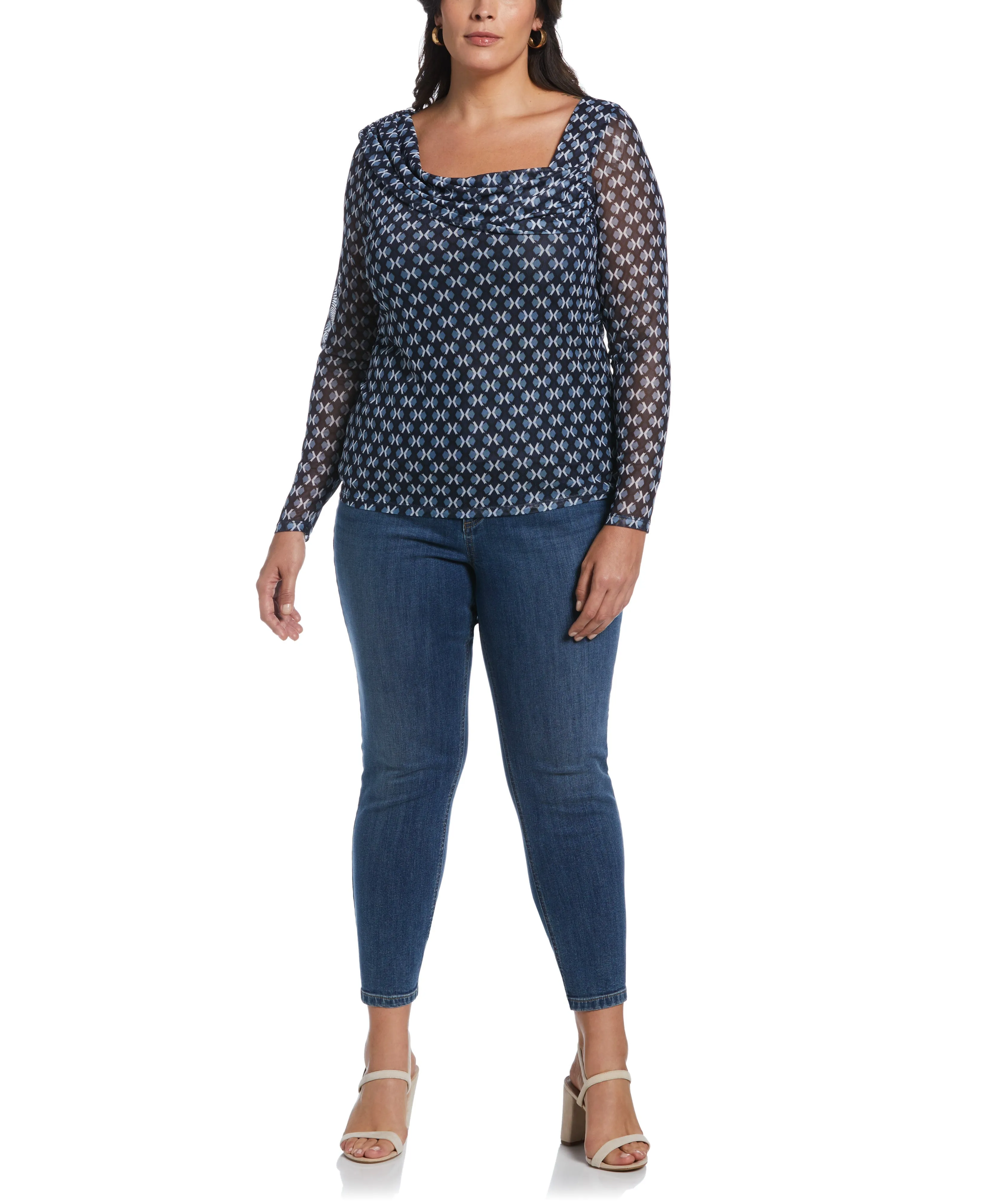 Plus Size Printed Mesh Drape Neck Top