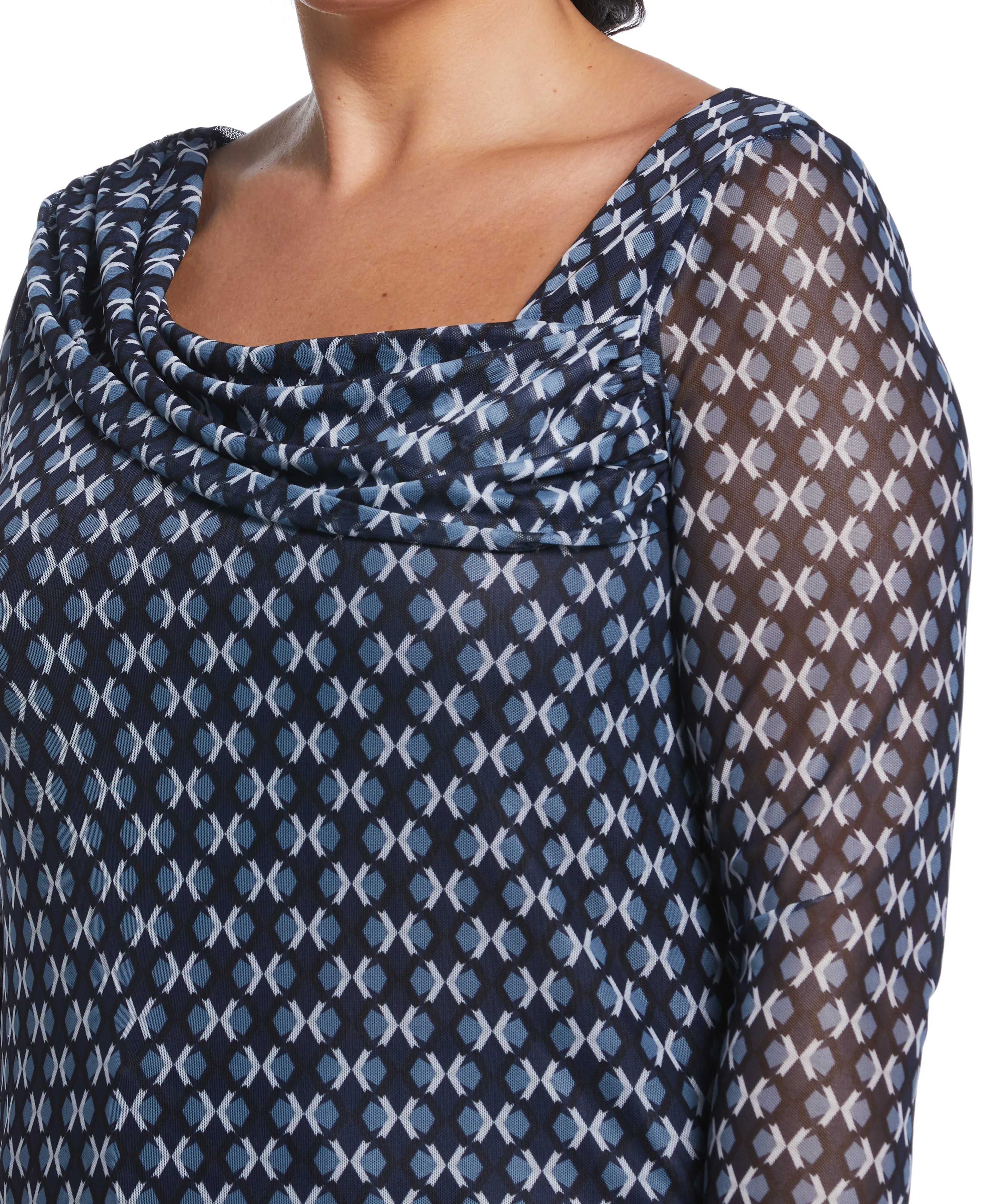 Plus Size Printed Mesh Drape Neck Top