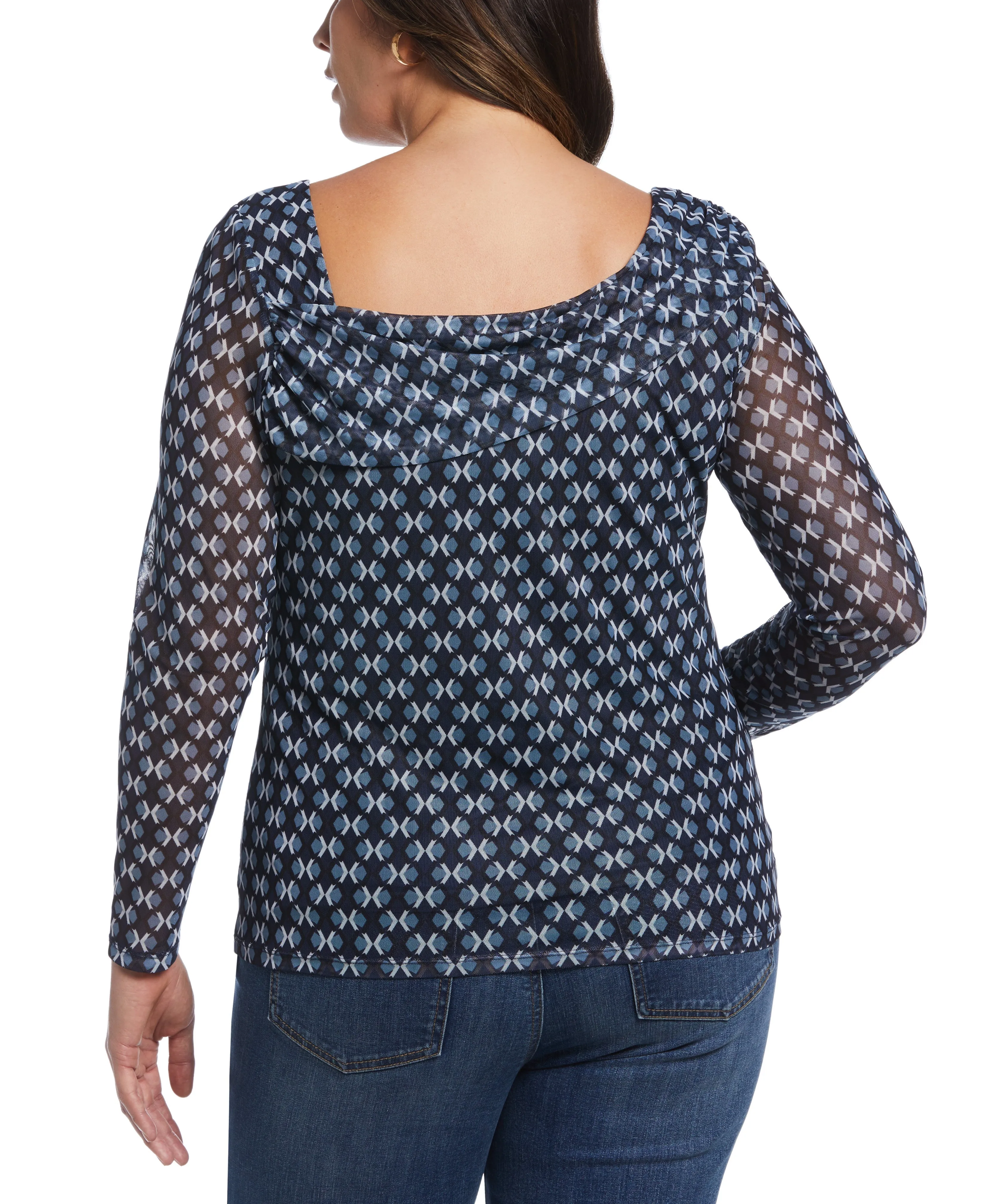 Plus Size Printed Mesh Drape Neck Top