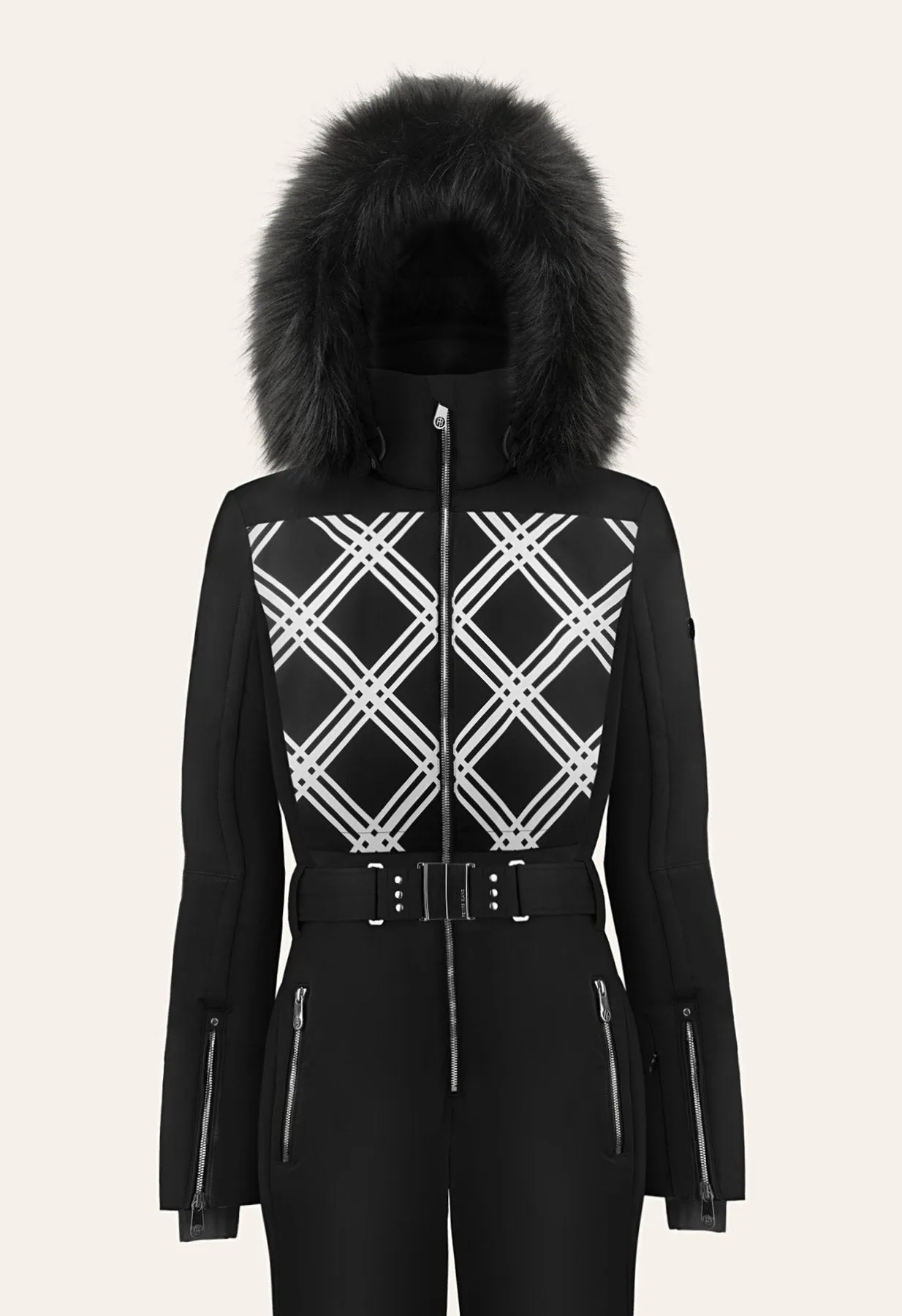 Poivre Blanc Ski Suit in Black and White with Faux Fur W24-0831