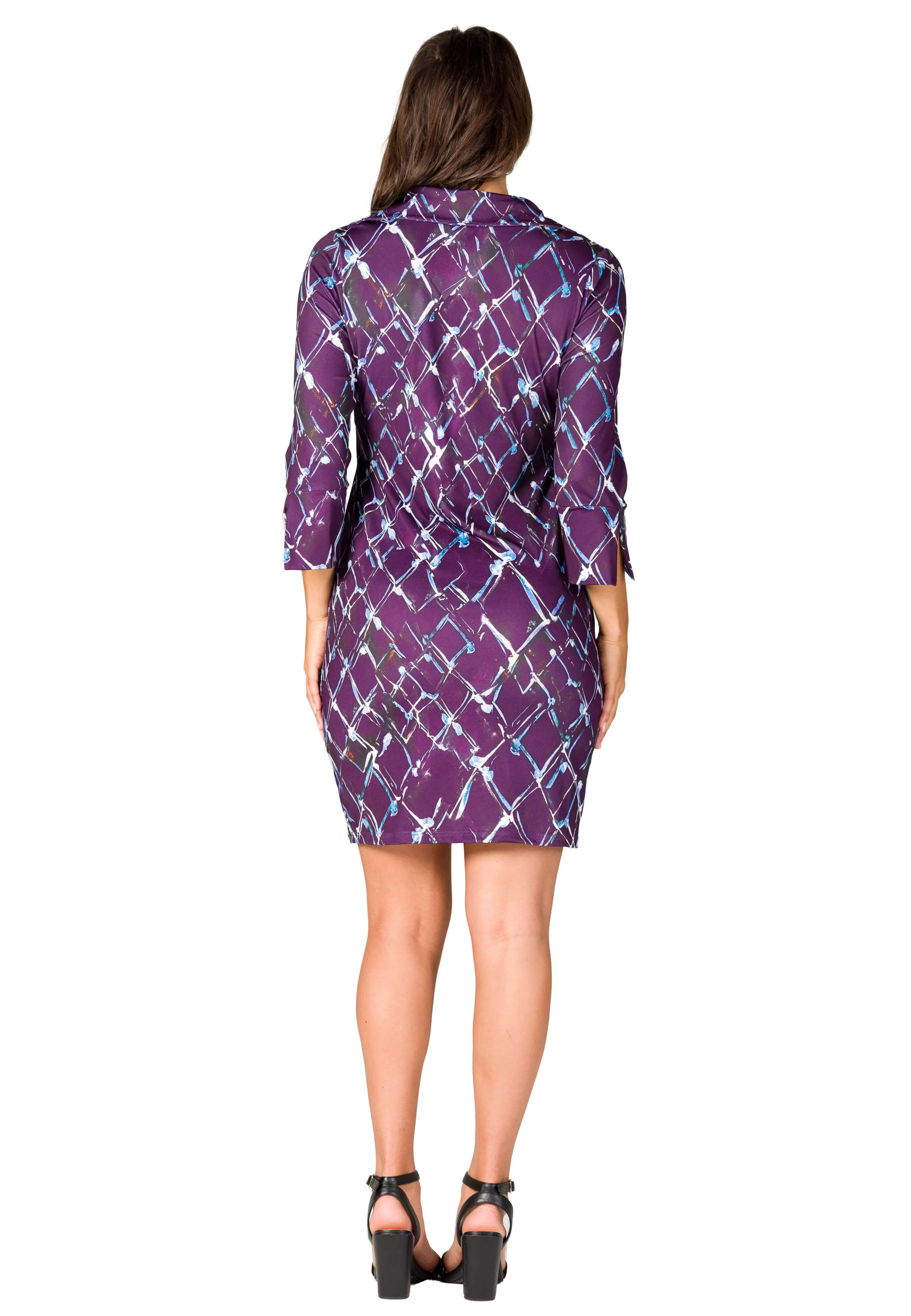 Purple Geometric Print Three Quarter Sleeve Collar Mini Dress