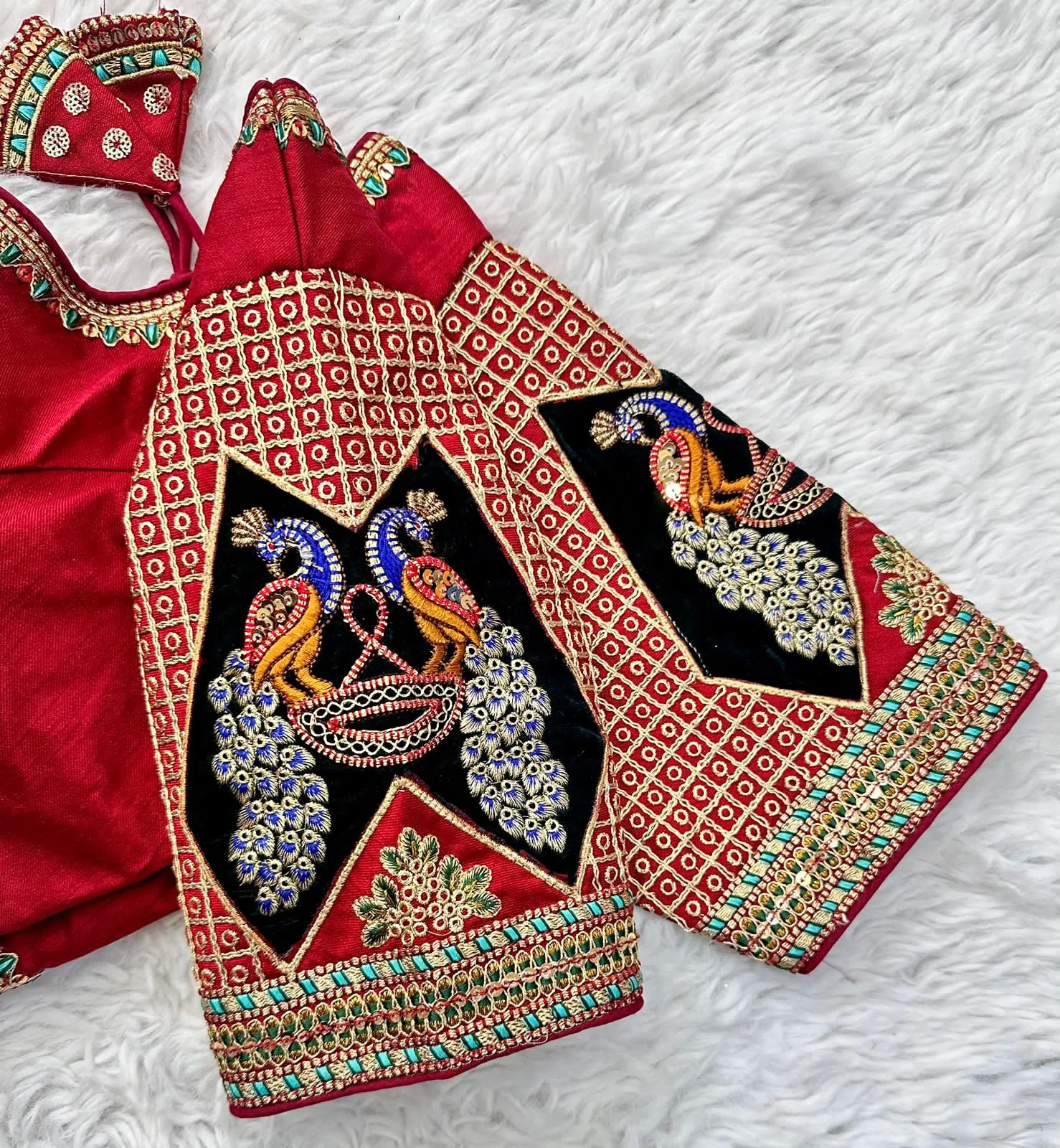 Red Handcrafted Sequined Blouse in Dilkush Silk