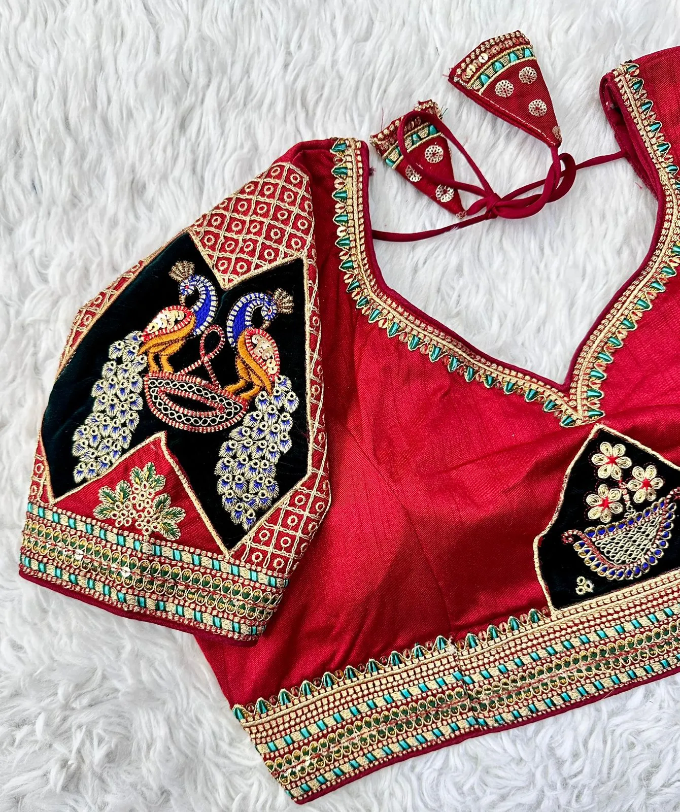 Red Handcrafted Sequined Blouse in Dilkush Silk