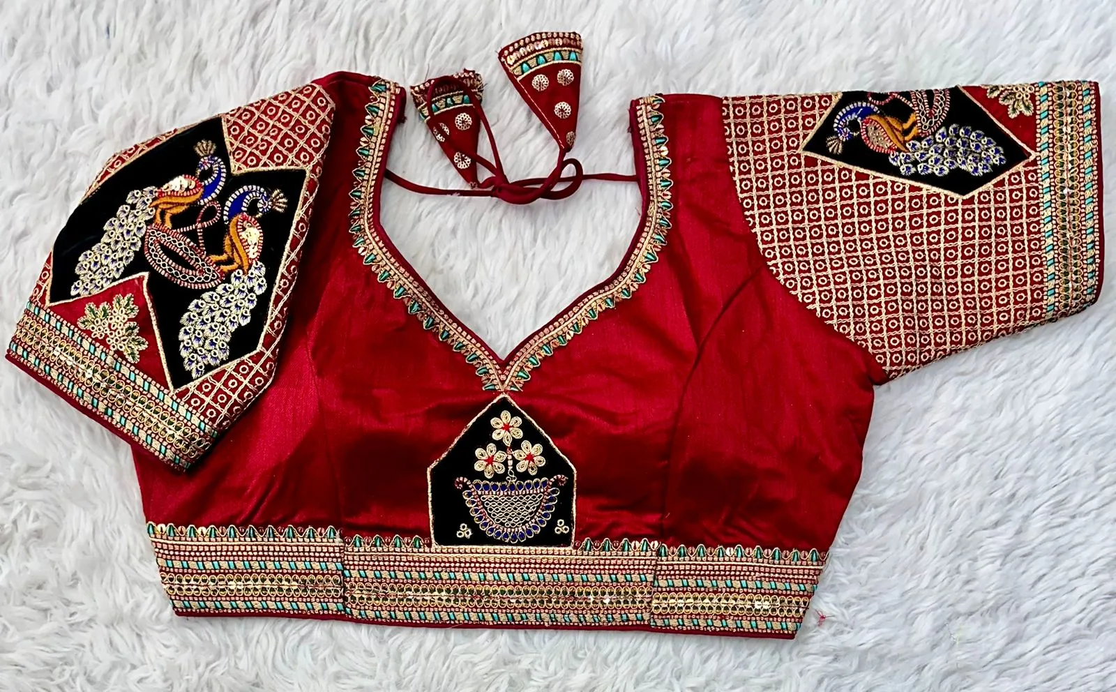 Red Handcrafted Sequined Blouse in Dilkush Silk