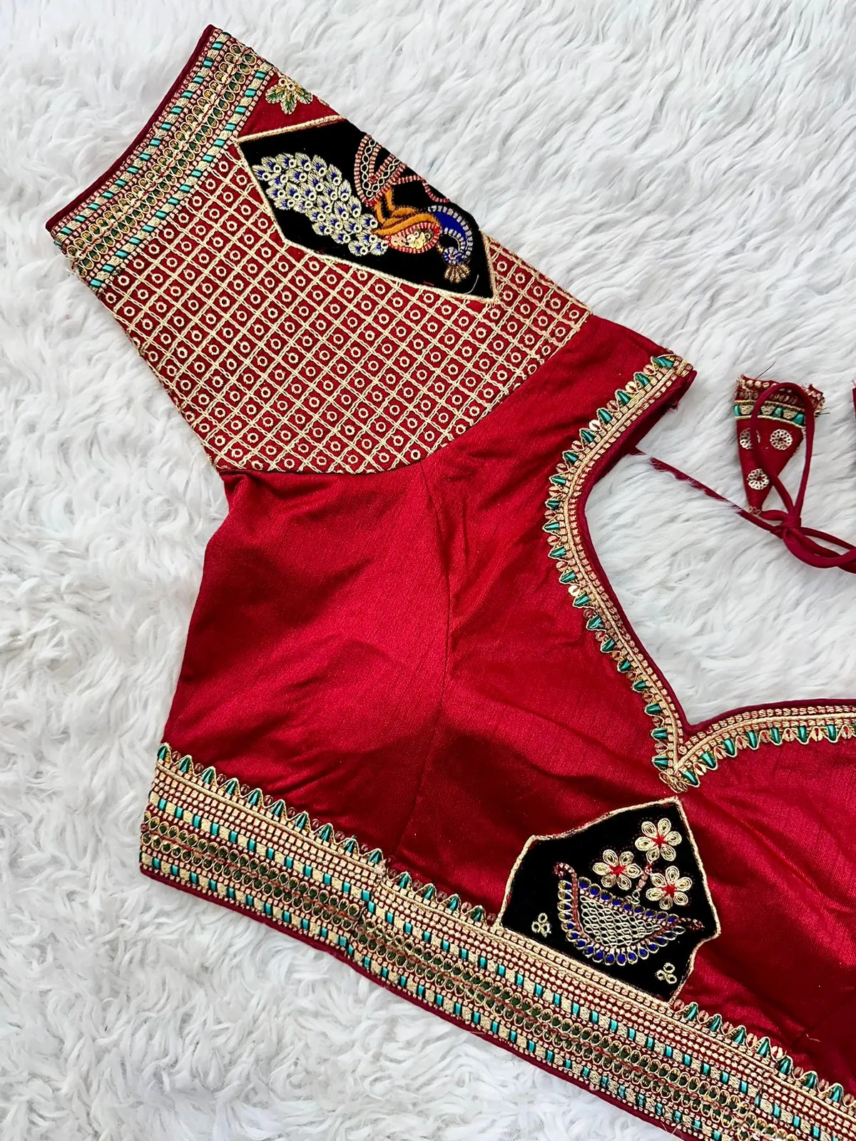 Red Handcrafted Sequined Blouse in Dilkush Silk