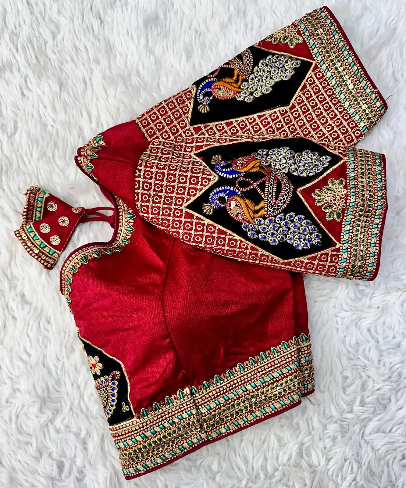 Red Handcrafted Sequined Blouse in Dilkush Silk