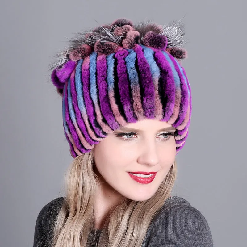 Rex rabbit fur hat warm thickening autumn and winter warm female colorful knitted hat