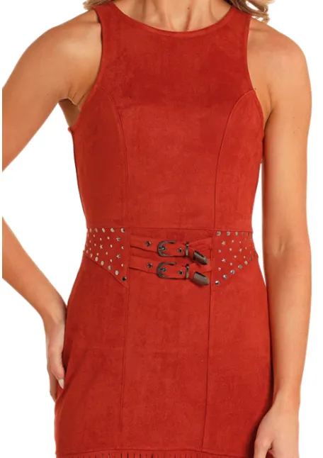 Rock & Roll Cowgirl Women's Rust Microsuede Fringed Sleeveless Dress BWD0R05279