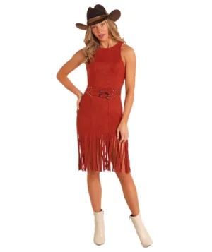 Rock & Roll Cowgirl Women's Rust Microsuede Fringed Sleeveless Dress BWD0R05279