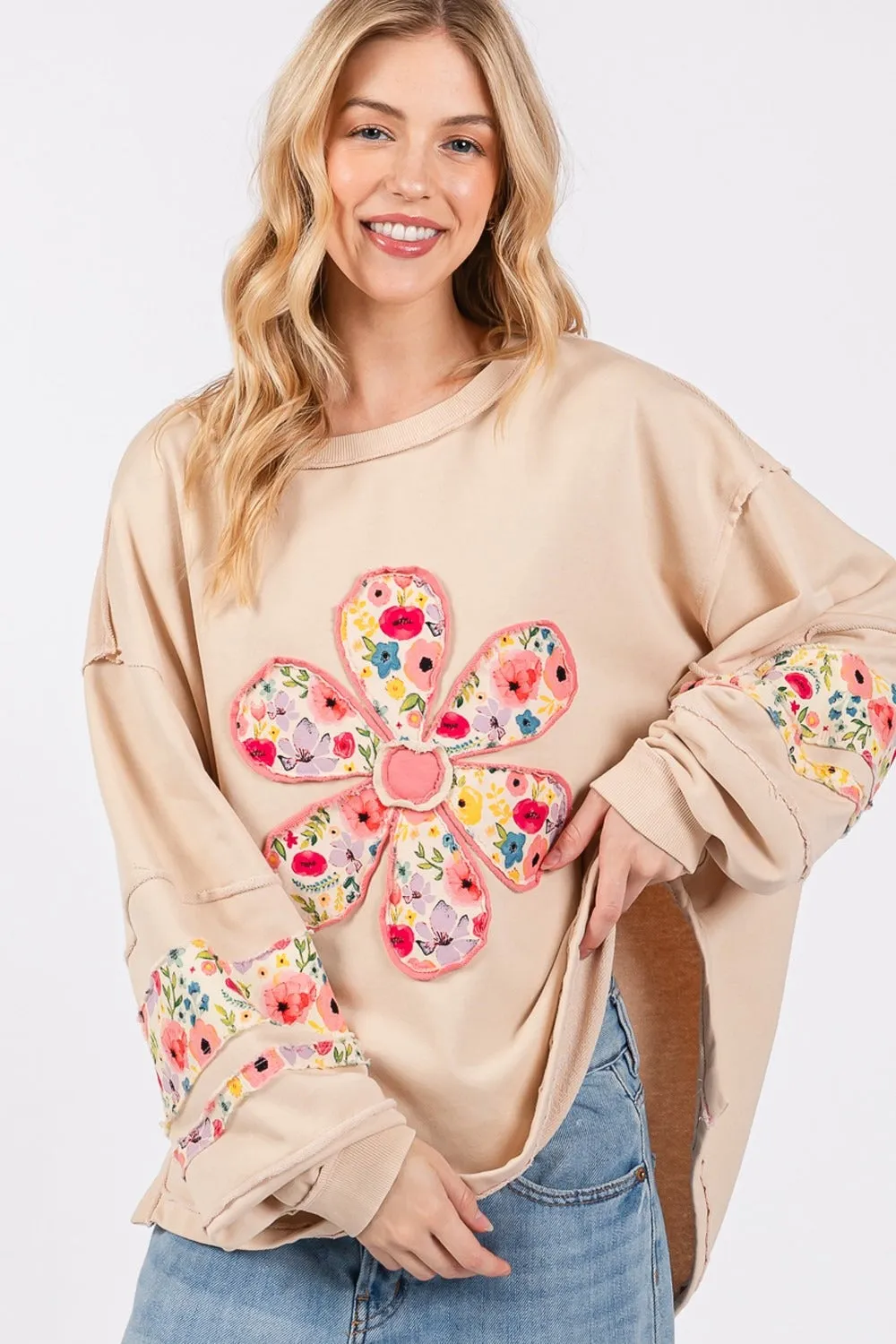 SAGE   FIG Daisy Patch Applique Long Sleeve Sweatshirt