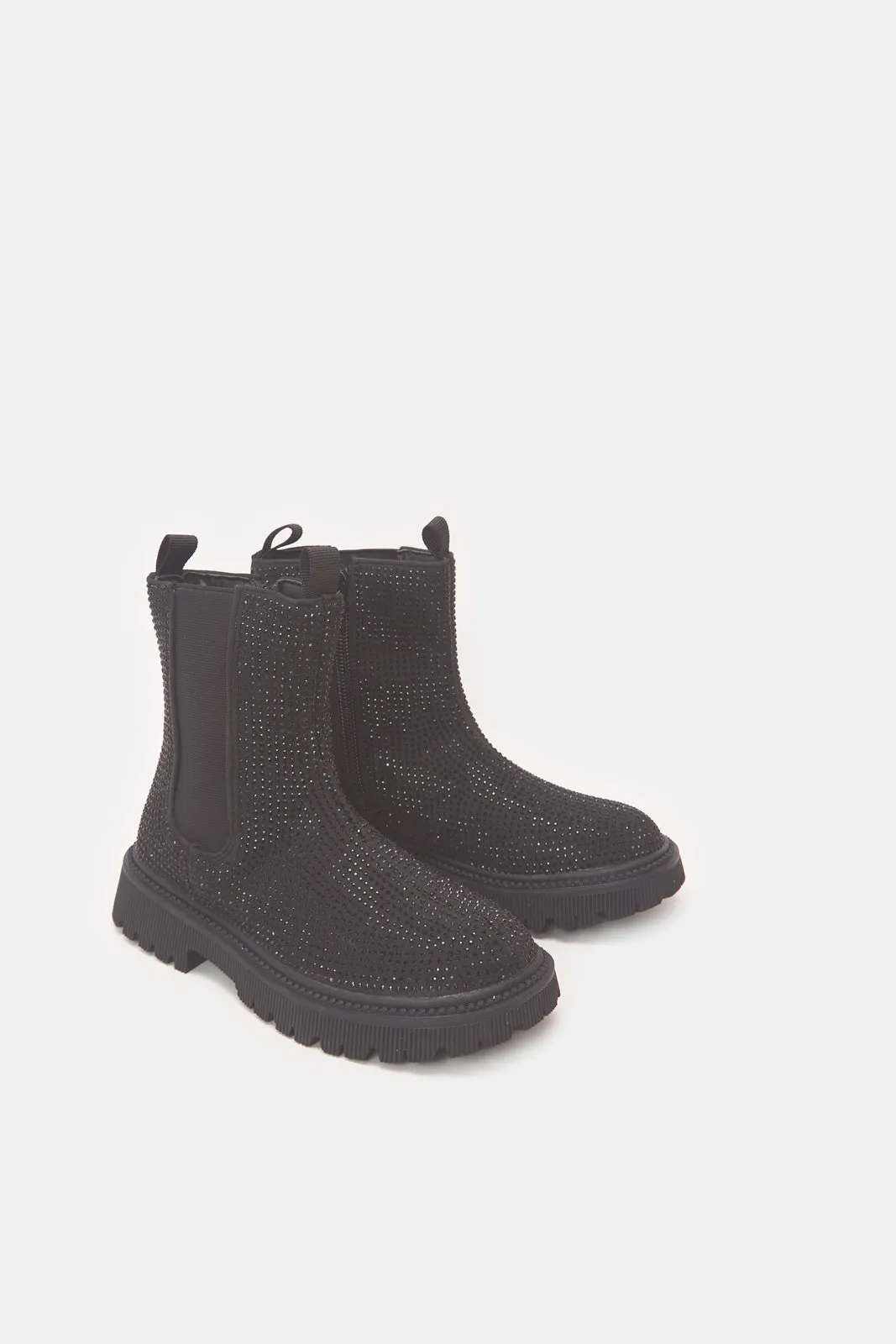 Senior Girls Black Diamante Chelsea Boots