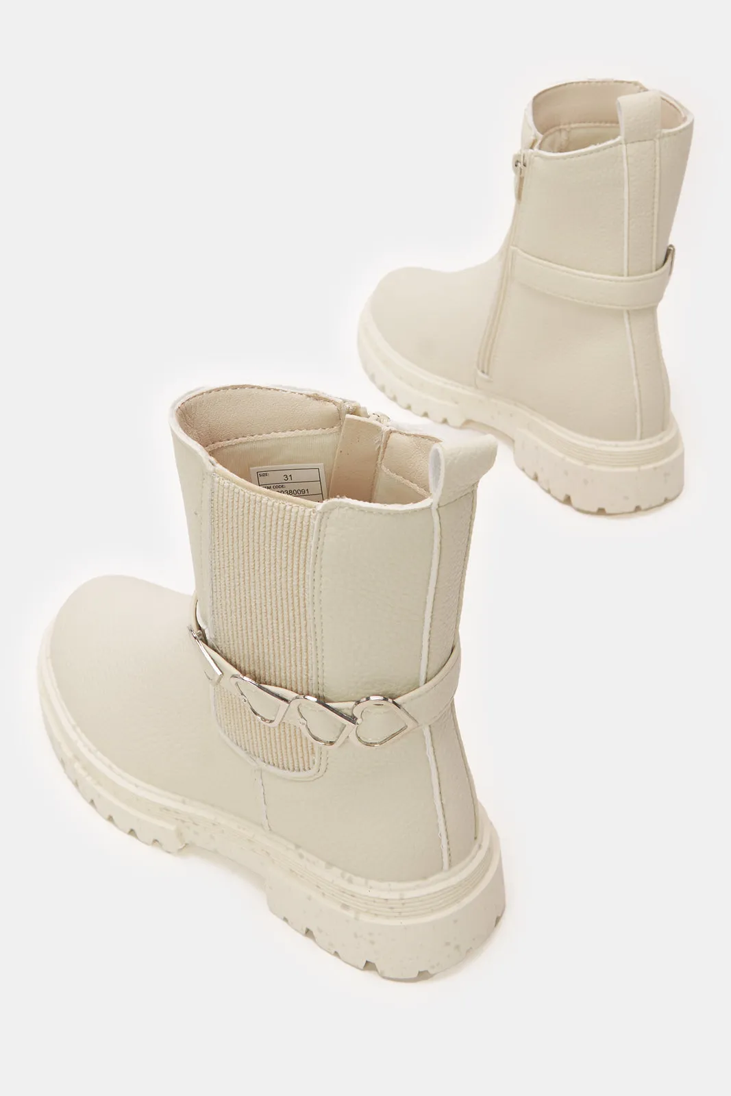 Senior Girls Cream Heart Trim Ankle Boots