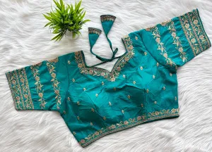 Sky Blue Rajbhog Silk Embroidered Blouse with Handcrafted Detailing