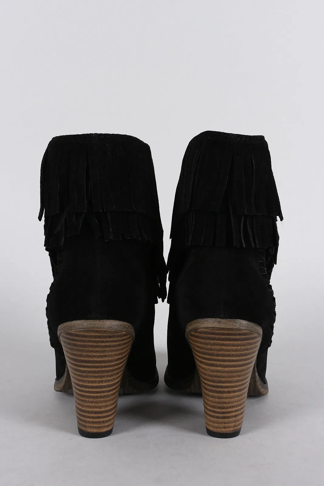 Suede Asymmetrical Fringe Chunky Stacked Heeled Ankle Boots